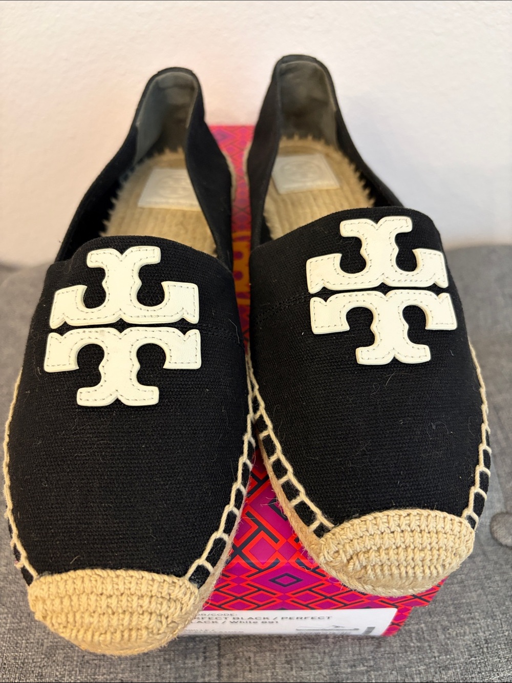 Tory Burch Black Canvas Espadrille Flats with White Logo Accent